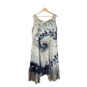 Belle France Linen Tie Dye Midi Dress Silk Ruffle Hem Blue Gray Tan, Size L